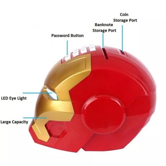 Iron Man Helmet Electric Piggy Bank Password Lock Banknote Storage Kids Toy. - Picture 3 of 6